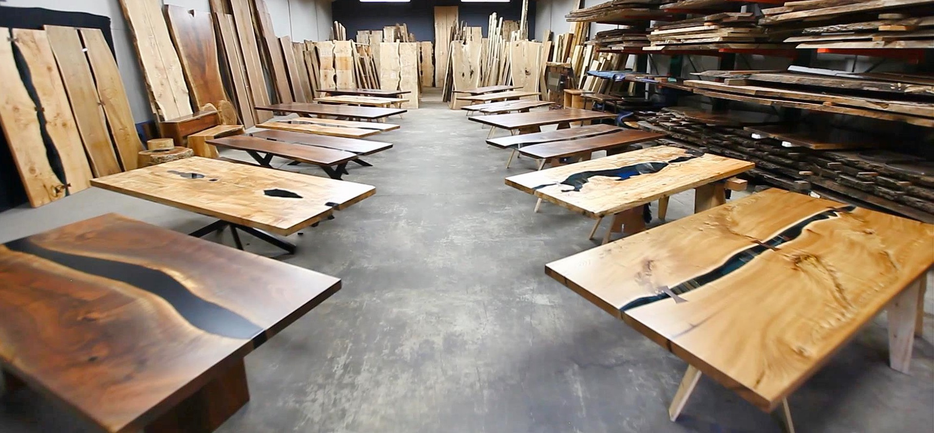 Jewell Hardwoods Showroom Overview Finished Tables and Slabs