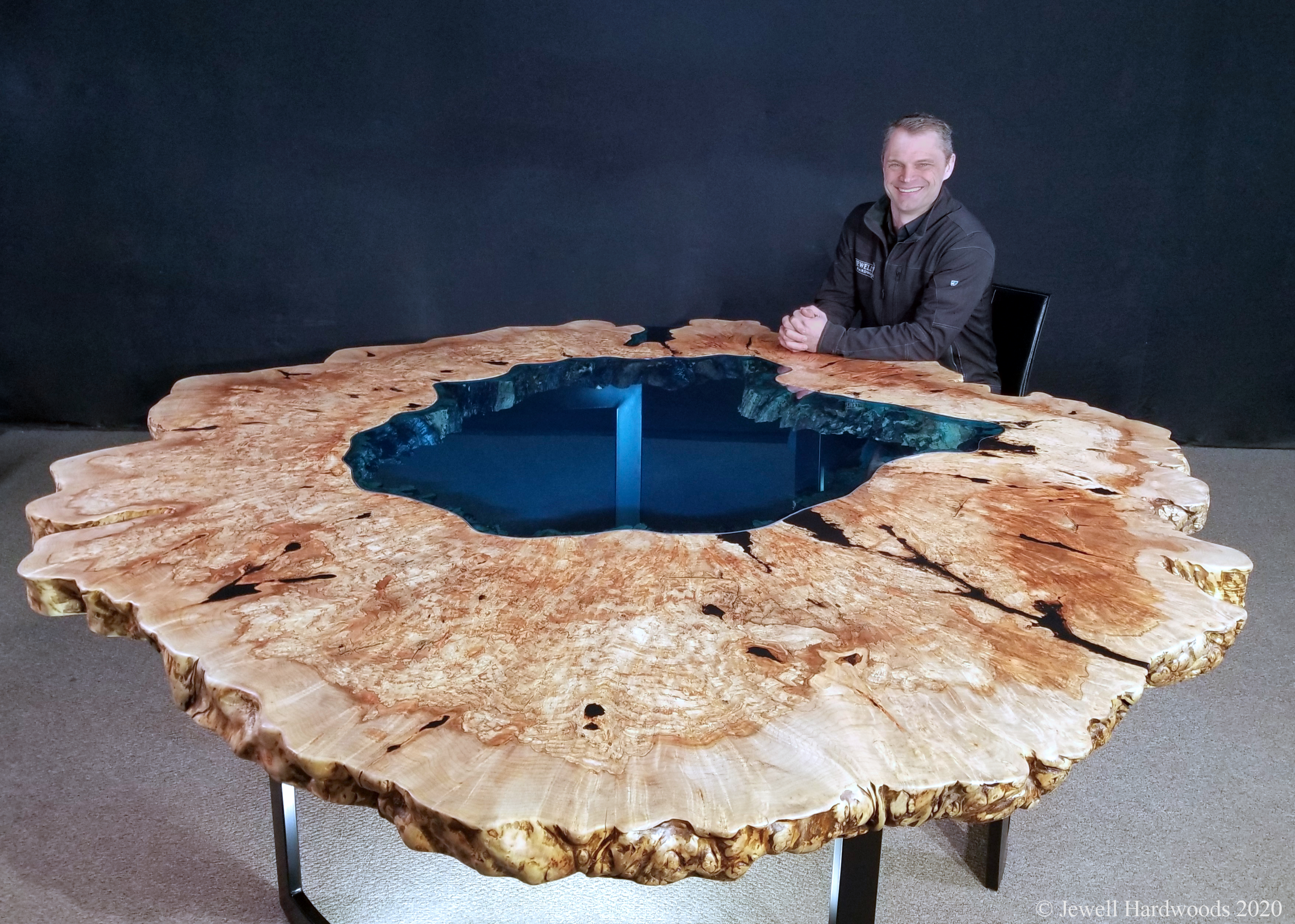 Crater Lake Collection Table Round Maple Burl Glass Jewell Hardwoods